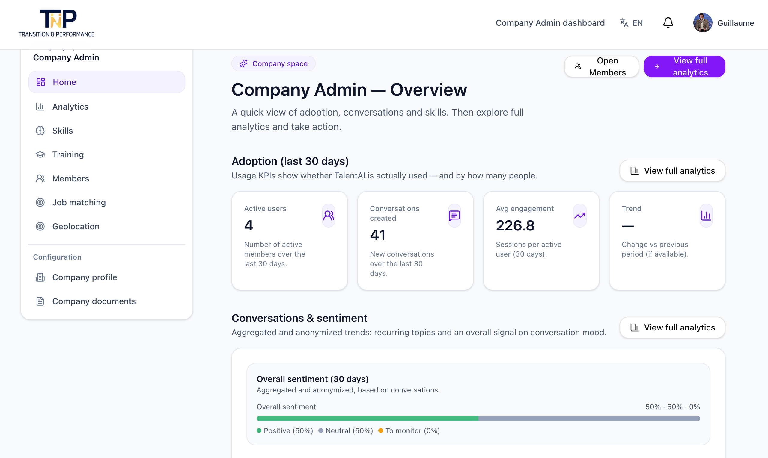 Tableau de bord RH entreprise : gouvernance, membres, accès, modules TalentAI.