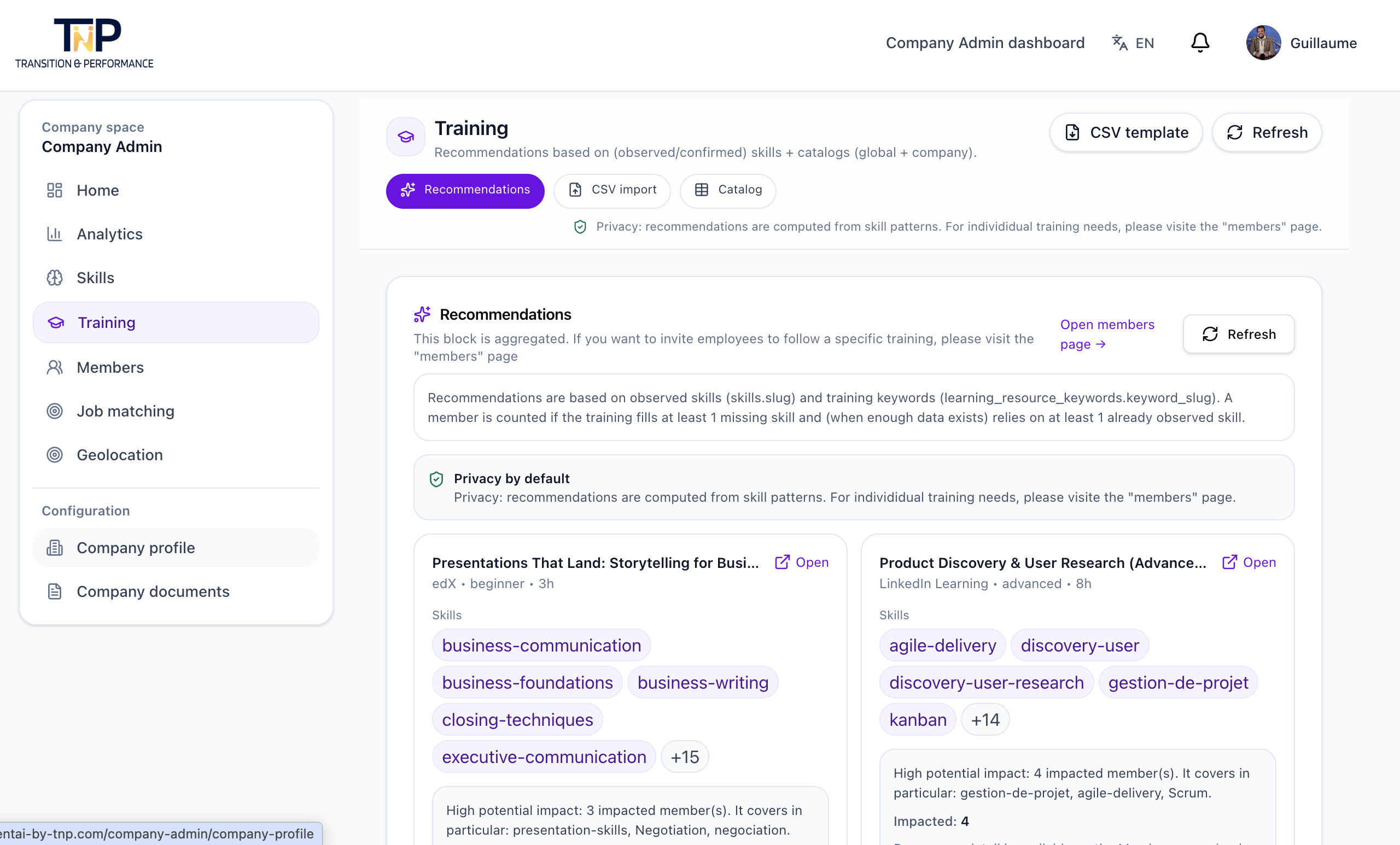 Formation : alignement catalogue formation et compétences à développer.